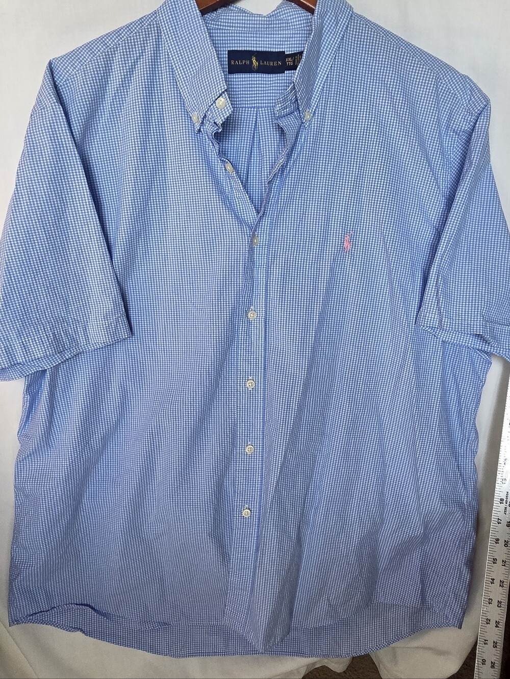 Mens Ralph Lauren Short Sleeve Button-Down 100% Cotton Blue White Shirt Sz XXL